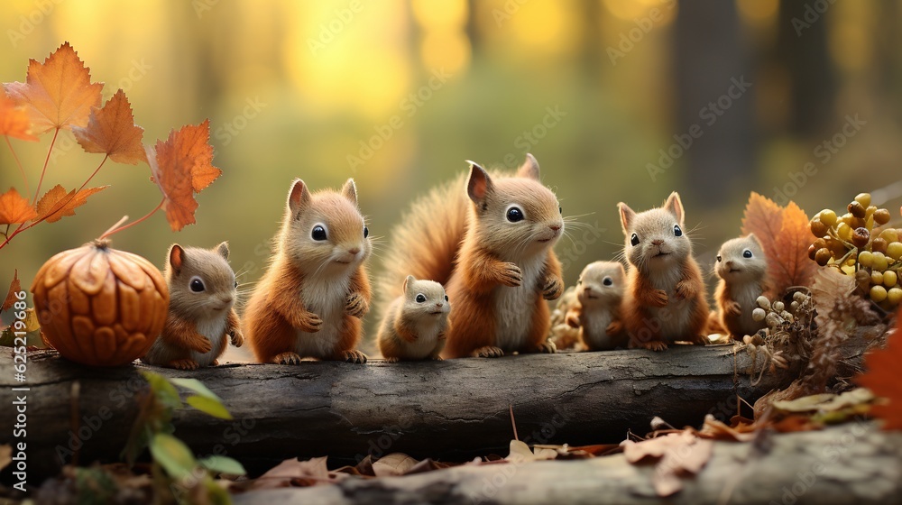 Poster a group of squirrels sitting on a log in a forest. generative ai