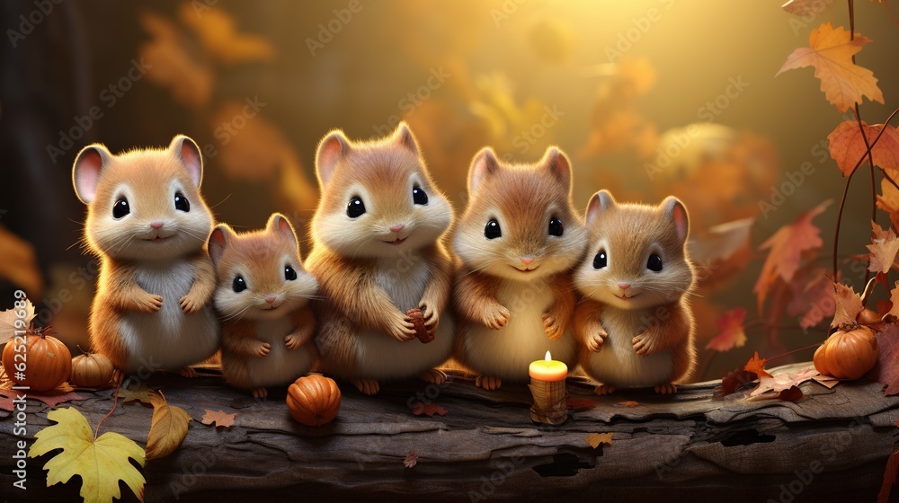 Poster a group of little chipmuns sitting on a log. generative ai