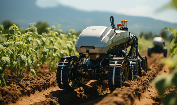 robot at work achriculture field, smart robotic farmers in agriculture futuristic robot automation to work to spray chemical fertilizer or increase efficiency