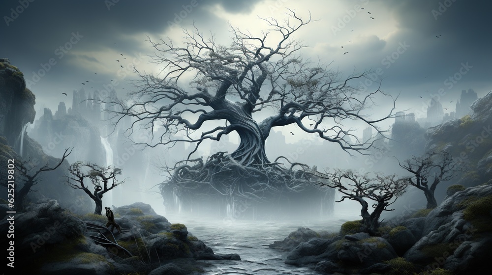 Poster a painting of a tree in the middle of a river. generative ai