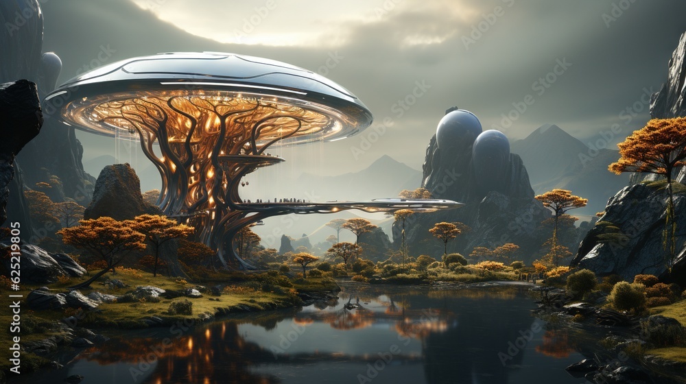 Poster a futuristic landscape with trees and a floating house in the middle. generative ai