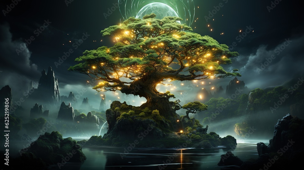 Poster a tree with lights on it in the middle of the night. generative ai