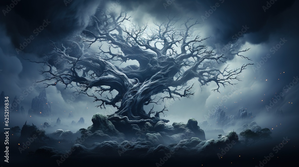 Poster a tree with no leaves on it in the middle of the night. generative ai