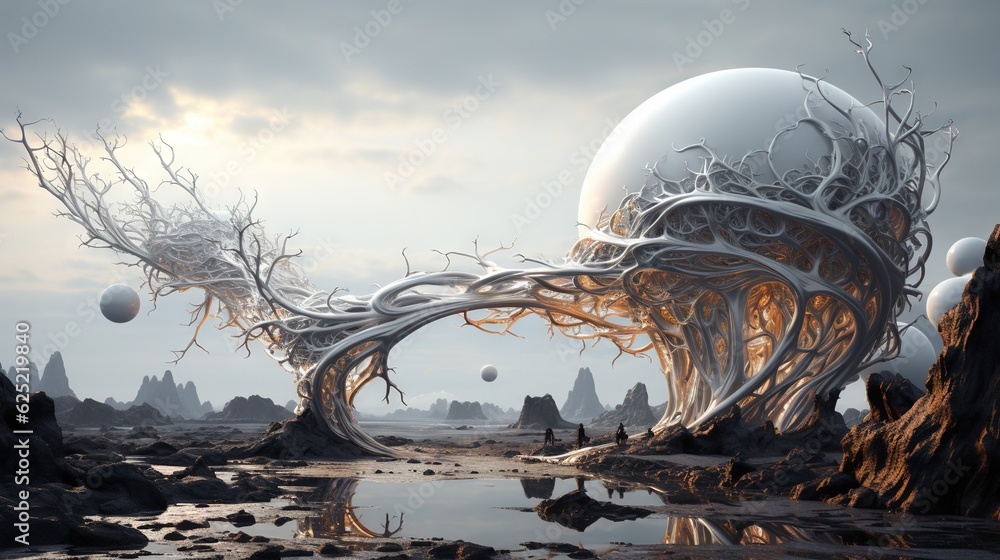Poster a surreal landscape with a tree house in the middle of a body of water, surrounded by rocks and othe