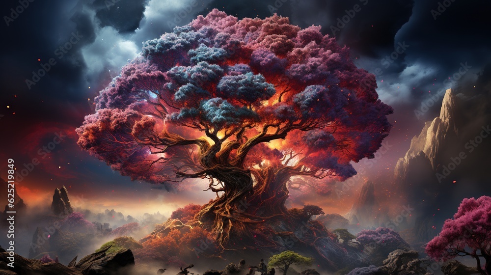 Poster a painting of a tree in the middle of a mountain. generative ai