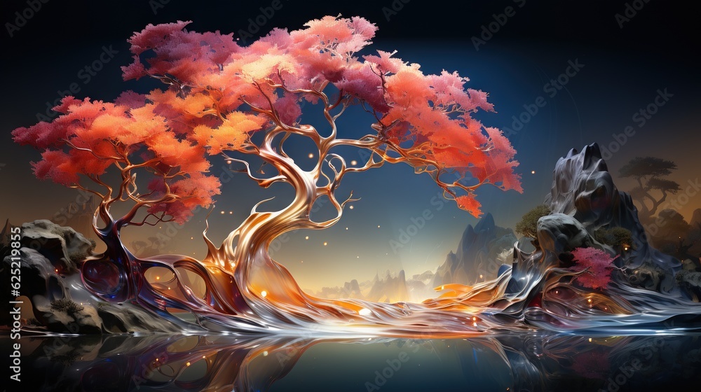 Poster a painting of a tree with a reflection in the water. generative ai
