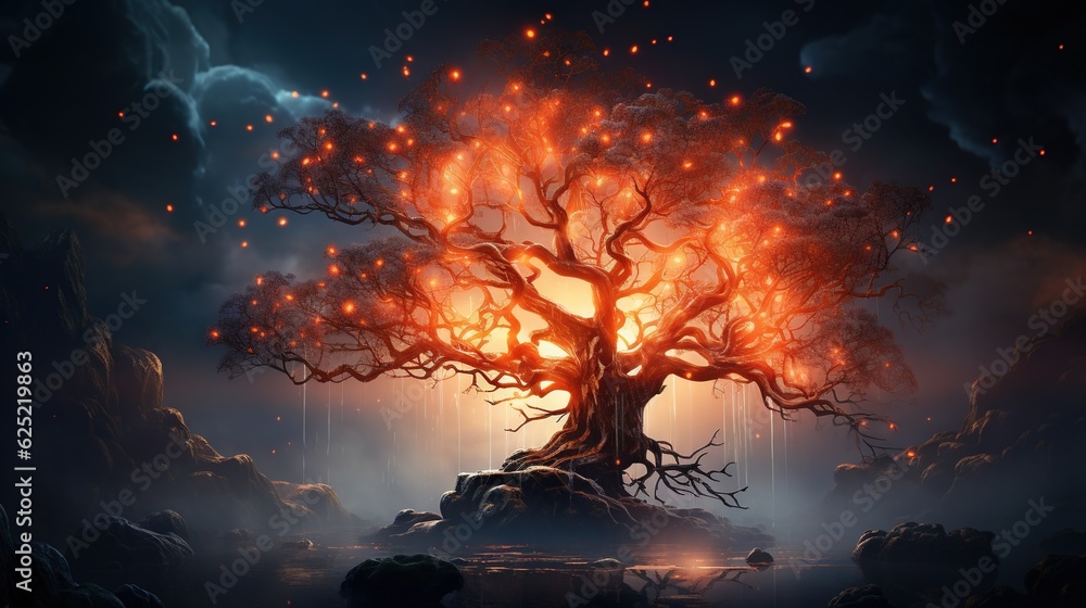 Poster a tree with glowing branches in the middle of the night. generative ai