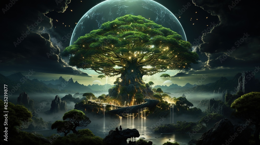 Poster a fantasy scene with a tree and a river in the foreground. generative ai