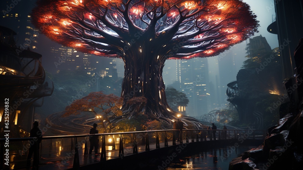 Poster a futuristic city with a huge tree in the middle of it. generative ai