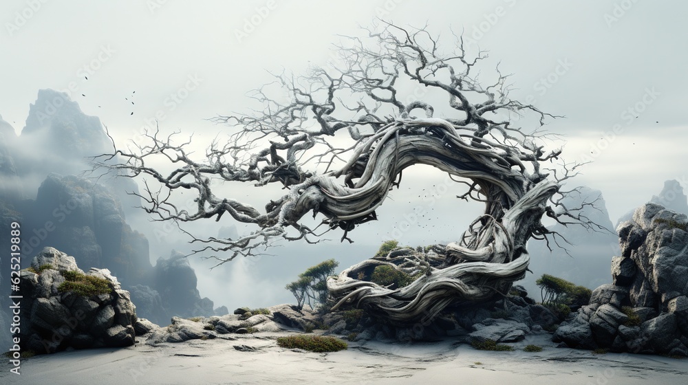 Poster a tree that is sitting in the middle of some rocks. generative ai