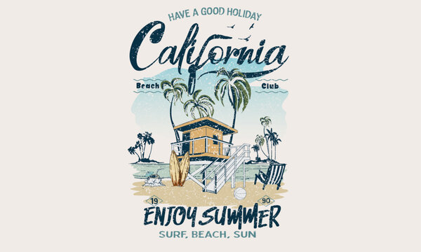 California lifeguard house. Good vibes t-shirt artwork. Palm tree, chair graphic print design. Enjoy summer time vector design. Summer retro graphic print design. Surfing board. Beach paradise. island