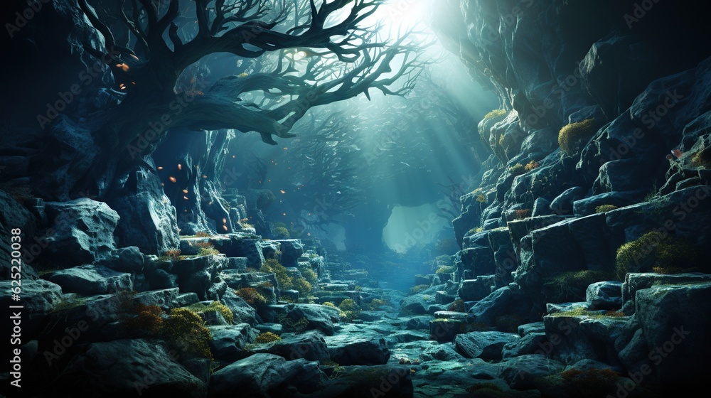 Poster a dark cave with rocks and trees in the middle of it. generative ai
