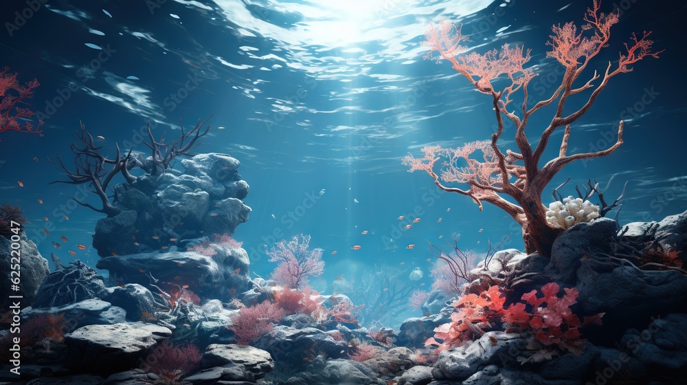 Poster an underwater scene with corals and a tree in the foreground. generative ai