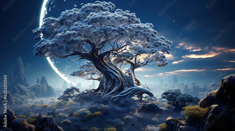 Poster a painting of a tree with a moon in the background. generative ai