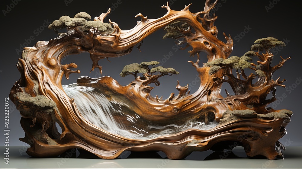 Poster a sculpture of a waterfall with trees in the middle of it. generative ai