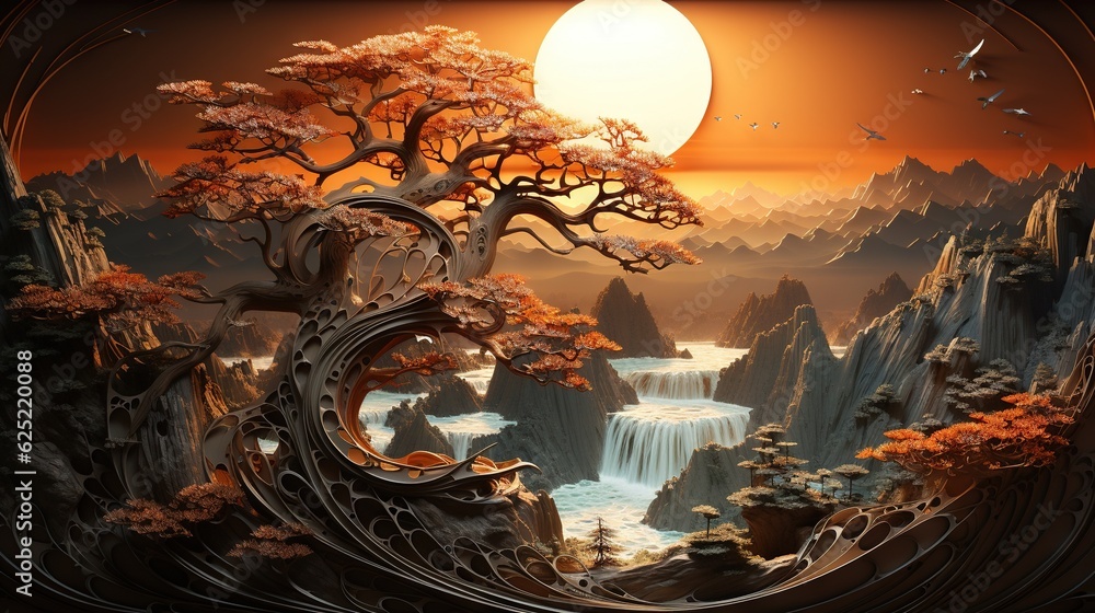 Poster a painting of a waterfall with a tree in the foreground. generative ai