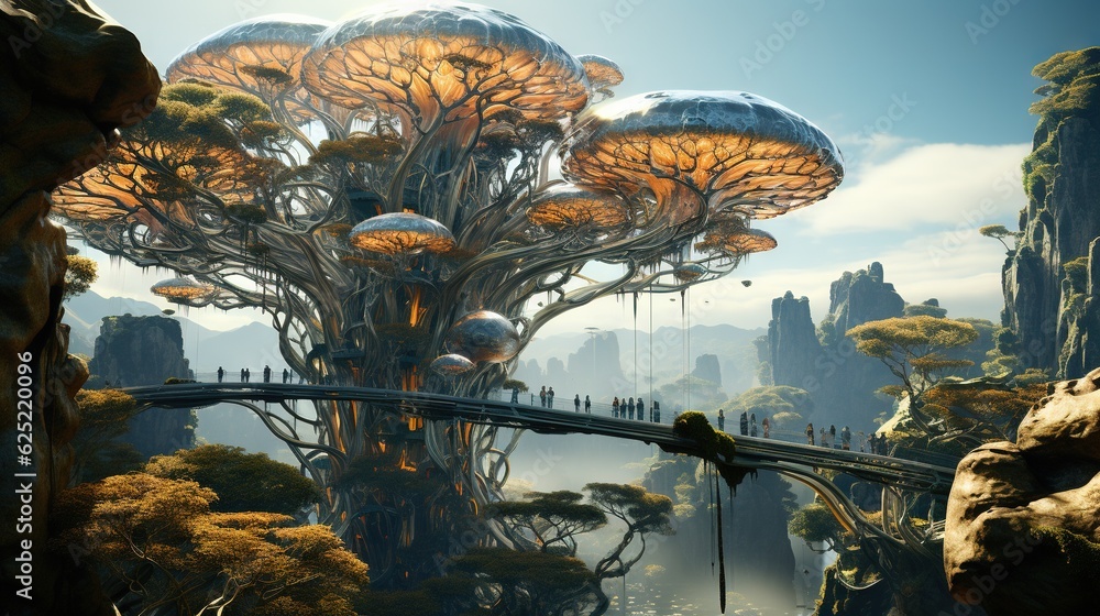 Poster a futuristic landscape with a bridge and a forest of trees. generative ai