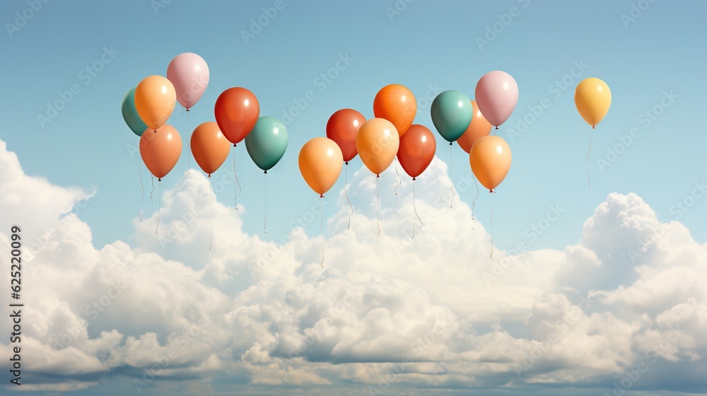 Poster a group of balloons floating in the air above the clouds. generative ai