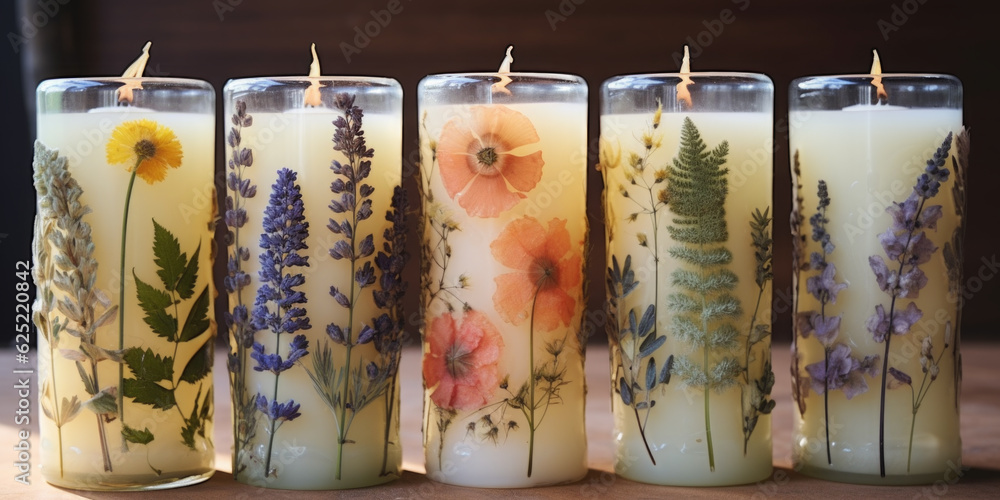 Poster a row of four candles with pressed flowers on them. generative ai.