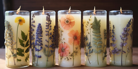 A row of four candles with pressed flowers on them. Generative AI.