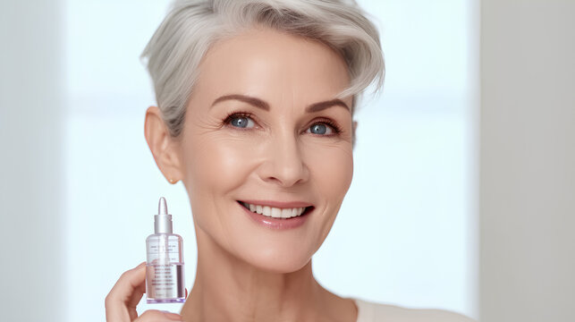 Skin care, collagen, anti-aging. A middle-aged lady with clear skin. Generative.