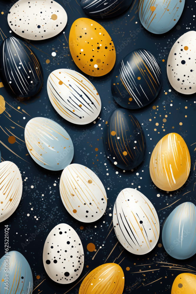 Poster a bunch of eggs that are on a table. generative ai. moden easter background.