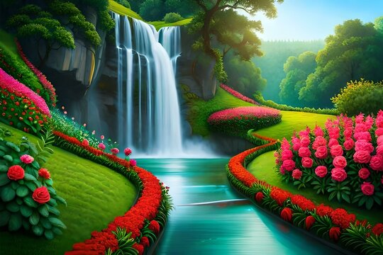 Download Flower Garden With Water Fountain Picture
