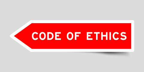 Red color arrow shape sticker label with word code of ethics on gray background