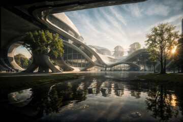 futuristic sports arena stadium.Ai generate illustrator. hi-tech architecture building dome. future hall technology background. competition sports program. abstract concept design. widescreen shot.