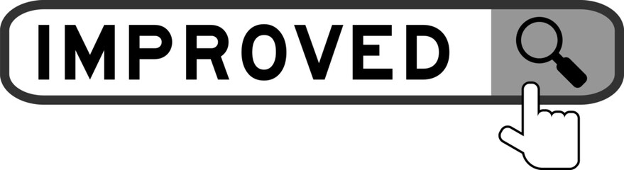 Search banner in word improved with hand over magnifier icon on white background