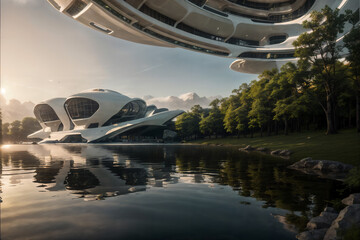 futuristic sports arena stadium.Ai generate illustrator. hi-tech architecture building dome. future hall technology background. competition sports program. abstract concept design. widescreen shot.