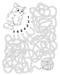 Help cat find the right thread that leads to the ball of wool. Children logic game to pass maze. Educational game for kids. Attention task. Choose right path. Funny cartoon character. Coloring book