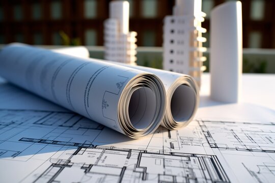 House model with blueprints on desk. Real estate development concept. Generative AI technology.