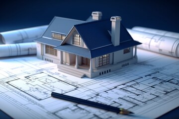 Obraz premium House model with blueprints on desk. Real estate development concept. Generative AI technology.
