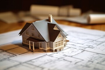 Obraz na płótnie Canvas House model with blueprints on desk. Real estate development concept. Generative AI technology.