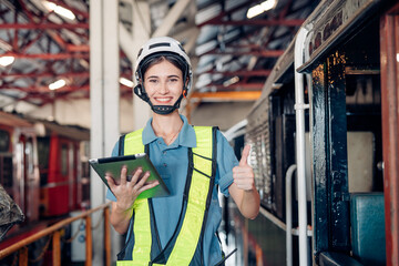 Portrait of professional woman engineer in white hardhat standing and holding tablet working in train factory.	
