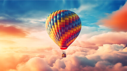 Fototapeta premium Colorful Hot Air Balloon Floating Through The Clouds, Digital Render