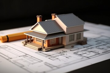 House model with blueprints on desk. Real estate development concept. Generative AI technology.