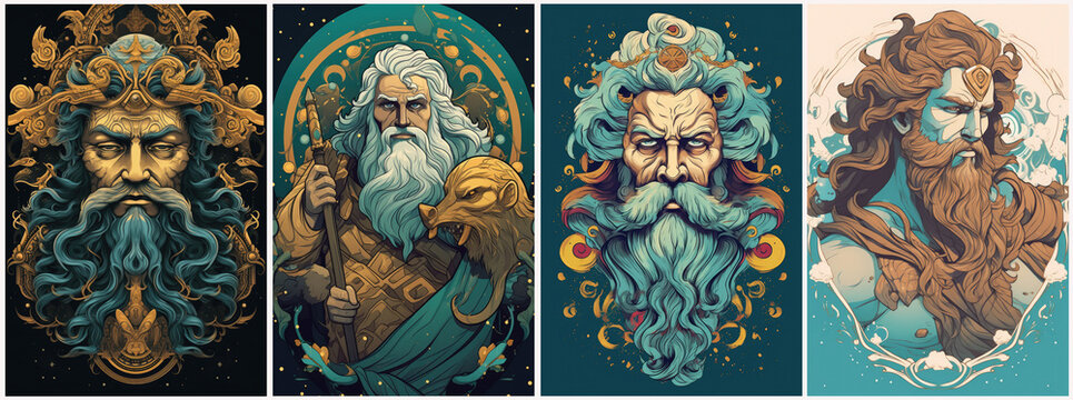 Ancient Greek mythological god aether set. Impressive, colorful and contemporary. Built with Generative AI technology.