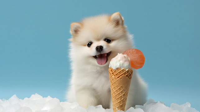 pomeranian puppy in a snow HD 8K wallpaper Stock Photographic Image
