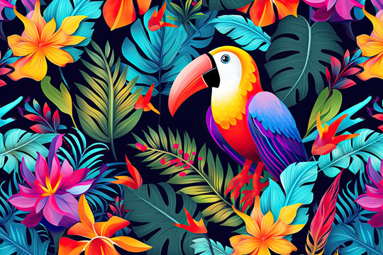 colorful parrot in jungle paradise with tropical flowers