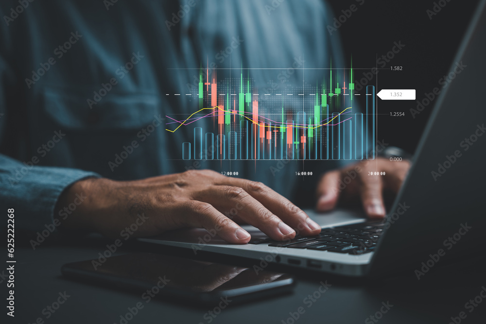Aufkleber a trader or investor at home, executing trades and analyzing the stock market on a laptop computer s