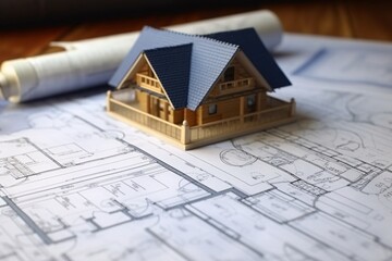 House model with blueprints on desk. Real estate development concept. Generative AI technology.