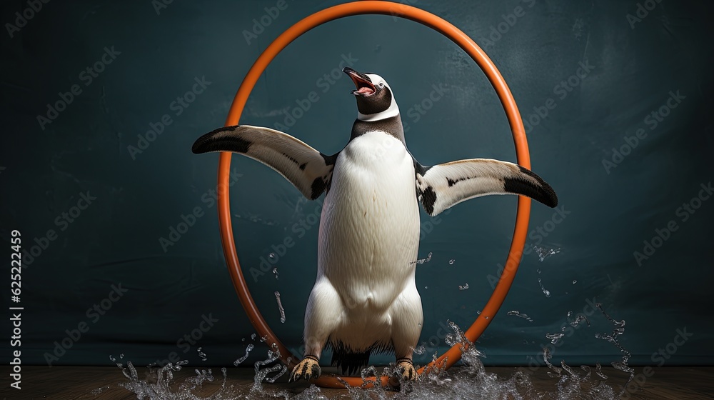Poster a penguin with its wings spread standing in a circle of water. generative ai