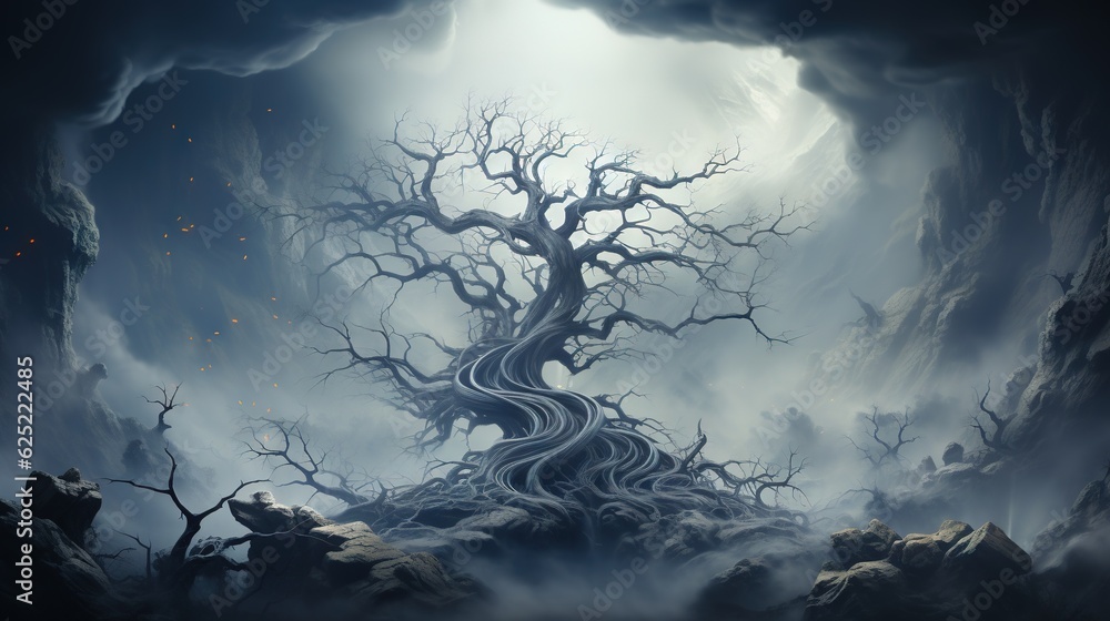 Poster a painting of a tree in a cave with a road going through it. generative ai