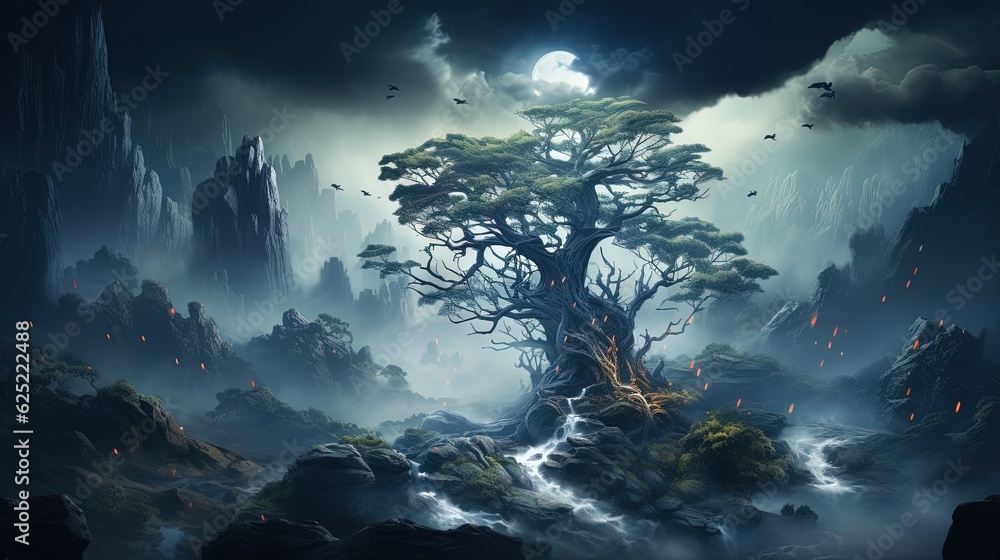 Poster a painting of a tree surrounded by rocks and a stream. generative ai