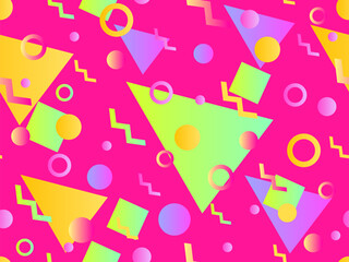 Memphis seamless pattern with geometric gradient shapes. Colorful geometric pattern in 80s style. Triangle, circle and zigzag. Design for banners, promotional products and posters. Vector illustration