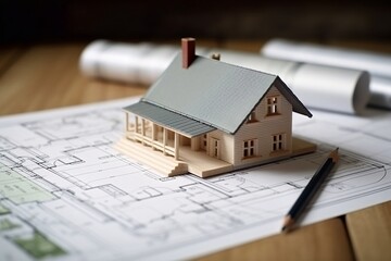 House model with blueprints on desk. Real estate development concept. Generative AI technology.