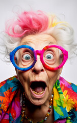 A funny old woman with big colorful eyeglasses has an expression of great astonishment - isolated on background