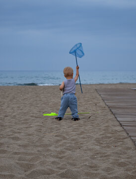 Toddler boy on the beach playing with a net